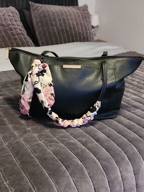 Liz Claiborne Black Shoulder Tote with Pink Floral Scarf Accent
